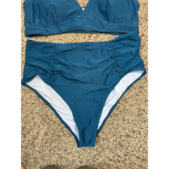 Women's Bikini Set Two Piece Swimsuit High Waisted‎ V Neck Ruched Blue 4XL - Picture 6 of 8